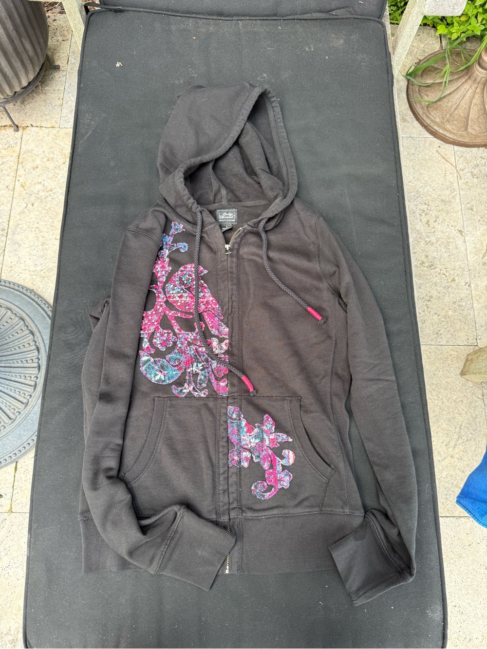 Lucky Brand Black Zip Hoodie with Pink Floral Print